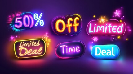 A set of bold Black Friday stickers with glowing edges, featuring phrases like 