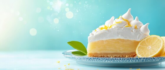 Wall Mural -  A slice of lemon meringue pie atop a blue plate, garnished with a slice of lemon