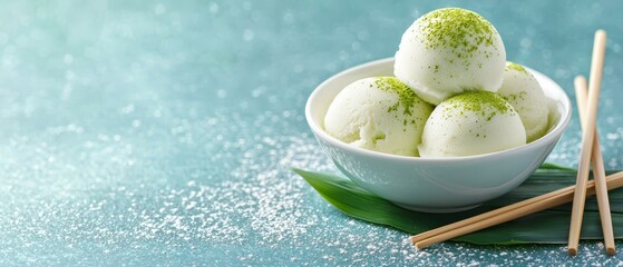 Wall Mural -  Three scoops of green tea ice cream in a pristine white bowl Bamboo sticks nearby on a tranquil blue surface, subtly speckled with whites