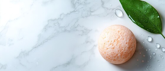 Wall Mural -  Close-up of an egg on marble, green leaf nearby, and water droplets