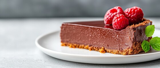 Wall Mural -  A chocolate cake topped with raspberries on a pristine white plate, garnished with a vibrant green leaf