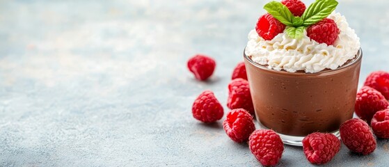 Wall Mural -  A chocolate dessert featuring whipped cream, raspberries, and mint leaves against a blue backdrop Scattered additional raspberries surround the scene