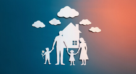 Paper cutouts of a family holding hands with home and clouds in background