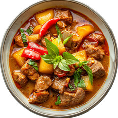 Wall Mural - A vibrant bowl of delicious meat stew with vegetables and fresh herbs, isolated on white background, transparent background