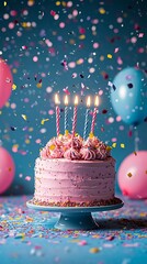 Wall Mural - Birthday cake with candles, colorful confetti, and balloons