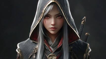 Woman asian assassin medieval warrior knight white hair character wearing a hood background wallpaper AI generated image