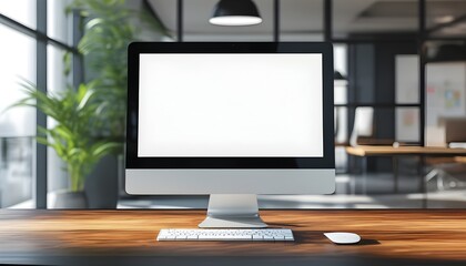 Wall Mural - Minimalist white computer monitor on table in modern office interior, ideal for mockup templates and business presentations