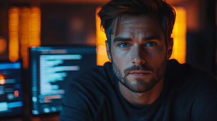 Software developer and person at computer for script coding or cyber security in office.