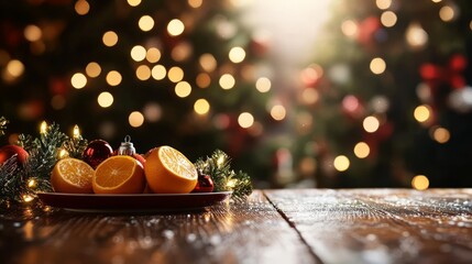 Three oranges displayed on a festive table adorned with christmas decorations and lights, setting a cozy and welcoming holiday mood