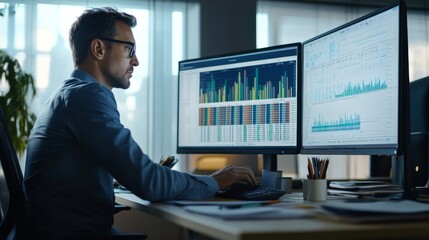 at his desk in a contemporary office, a man concentrates on analyzing data, studying detailed graphs