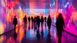 © Elmira - A diverse group of people strolls through a gallery, immersed in a lively digital art installation. Colorful projections create a captivating ambiance as visitors engage with the artwork