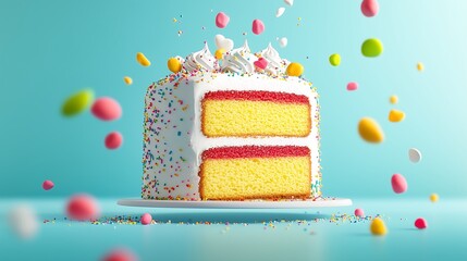 Wall Mural - Colorful cake slice with sprinkles and candies floating on blue background