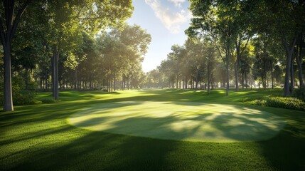 In the sunrise, a hole on the golf course is framed by majestic trees.