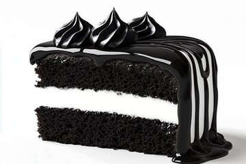 Rich black and white cake slice with dark glossy icing