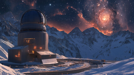 Observatory in snowy mountains with galaxy visible in night sky. Concept of scientific exploration and astronomy