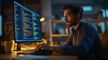 A developer is intensely focused on coding at a desktop computer in an office setting. The background is softly blurred, emphasizing the workspace and the computer screen