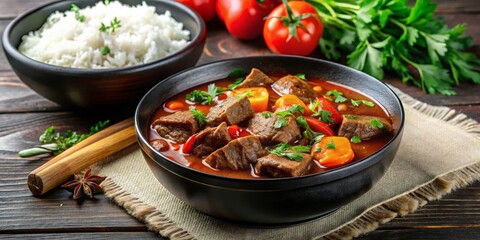 Close-Up of Beef Stew with Carrots and Peppers in a Black Bowl, Served with Rice, Stew, Beef, Recipe