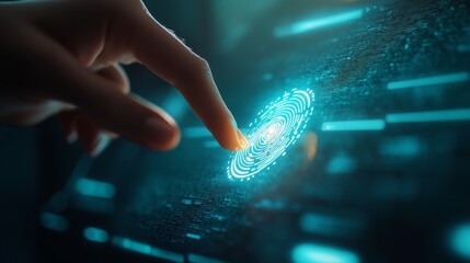 A woman's finger is poised just above a bright, glowing fingerprint icon on a sleek, interactive screen, suggesting advanced digital technology and security features in action