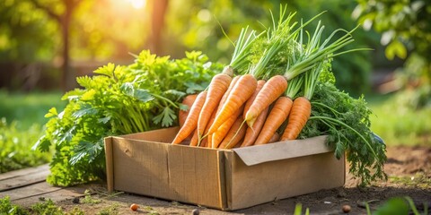 Wall Mural - Freshly Harvested Carrots in a Wooden Crate, Organic, Vegetable, Garden