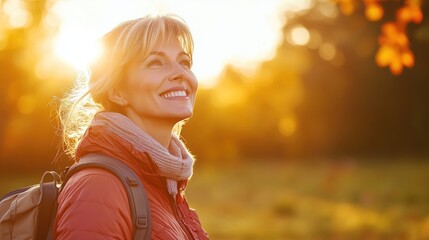 A woman with a joyful expression takes in the beauty of an autumn sunset while walking in a natural setting