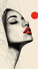 Wall Mural - Abstract Beauty Portrait with Red Lips and Sun - Modern Artistic Line Drawing