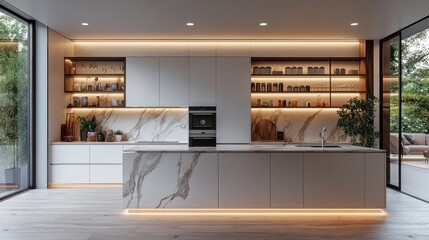 Modern Minimalist Kitchen with Marble Countertops, Open Shelves, and Ambient Lighting