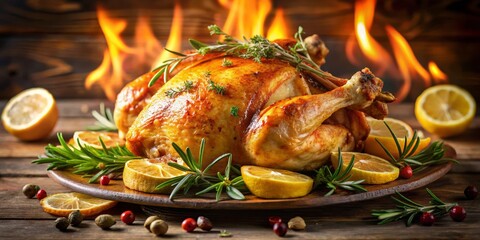 Roasted Chicken with Lemon and Herbs, Fire Background, Delicious and Aromatic Feast, Roast Chicken, Thanksgiving, Dinner