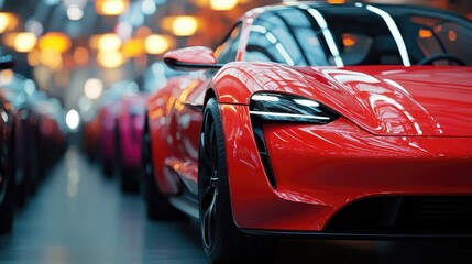 Close-Up of a Red Sports Car Headlight with Reflections in a Modern Showroom