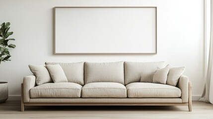 Wall Mural - This modern living room showcases a beige fabric sofa topped with plush cushions, set against a minimalist backdrop with natural light pouring in from large windows