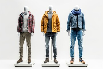 three male mannequins in casual attire on a white background without any branding or copyrighted ite