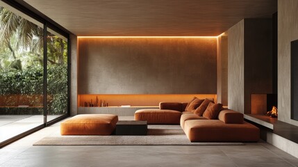 Wall Mural - Modern Minimalist Living Room with Orange Furniture, Floor-to-Ceiling Windows, and Warm Ambient Lighting