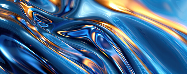 Poster - Abstract fluid iridescent holographic neon curved wave in motion colorful blue, yellow, gold background, 3d render. Gradient design element for backgrounds, banners, wallpapers, posters and covers