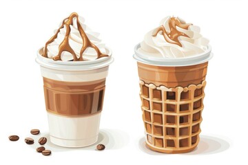 Poster - A warm and inviting scene featuring two cups of coffee topped with whipped cream and surrounded by coffee beans