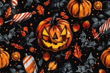 Canvas Print - A pattern of halloween pumpkins and candy on a black background, great for use in party decorations or marketing materials