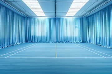 Poster - A tennis court with blue curtains and white lines, ideal for sports or event photography