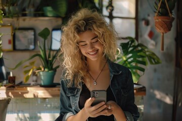 Canvas Print - A woman looks down at her cell phone, likely checking messages or scrolling through social media