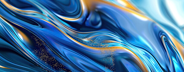 Poster - Abstract fluid iridescent holographic neon curved wave in motion colorful blue, yellow, gold background, 3d render. Gradient design element for backgrounds, banners, wallpapers, posters and covers