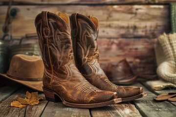 A pair of cowboy boots sitting on a wooden floor, perfect for western or rustic-themed designs