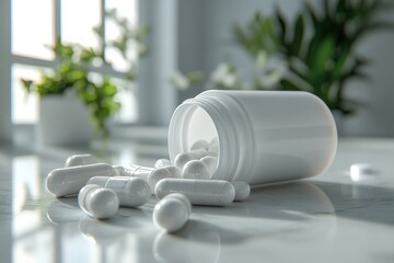 White pill capsules spilled from a bottle on a table.