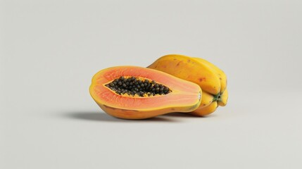 Canvas Print - Fresh papaya cut into two halves on a clean white background, ideal for food and healthy lifestyle photography