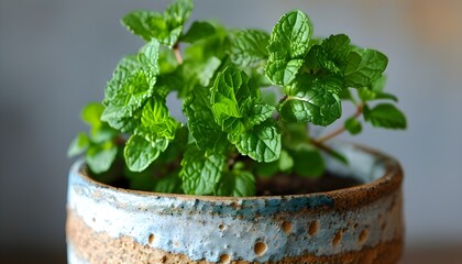 Wall Mural - Lush Green Mint Plant Thriving in a Pot