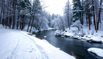 Wall Mural - winter park, snow-covered trail above the river, some beautiful trees along the river isolated with white highlights, png