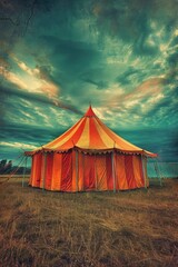 Poster - A tent set up in an open field with a cloudy sky visible in the background, suitable for outdoor and nature-related uses