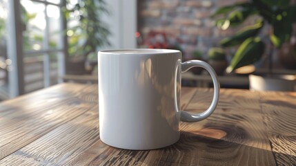 Wall Mural - A single white coffee mug sits on a wooden table, ready for use