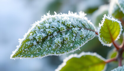 Wall Mural - First frost. Frost on the leaves. Winter frosty abstract natural background isolated with white highlights, png