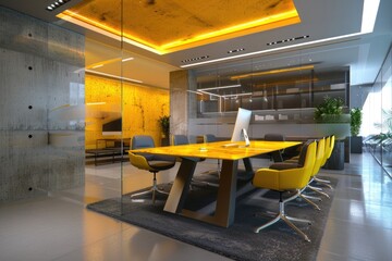 Poster - A modern conference room with a bright yellow table and matching chairs