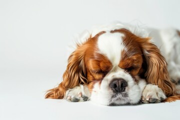 Wall Mural - A brown and white dog resting peacefully on a clean surface