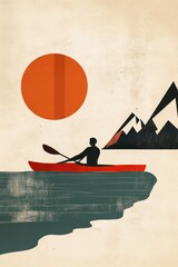 Wall Mural - Vintage poster design vector illustration of a man kayaking in water