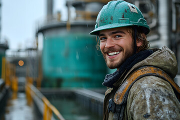 “A Smiling Worker in a Green Helmet Stands Near Large Steel Structures”
