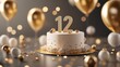 © Premium_art - Golden number 12 on white cake with balloons and confetti in background. Celebration event decoration.